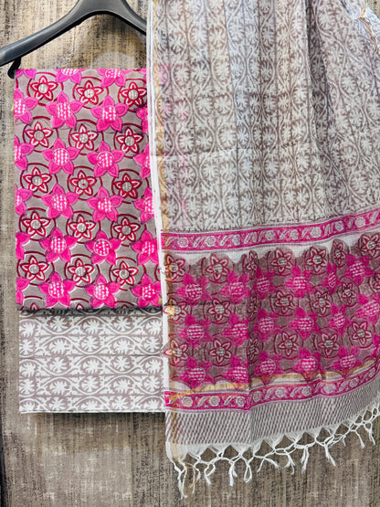 Pure Cotton Unstitched Suit With Kota Doria Dupatta