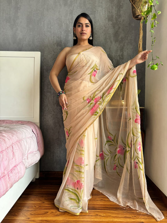 Hand Brush 🖌️ Painted Pure Chiffon Zari Border Saree (5.5 Mtr) With Unstitched Blouse Piece (80Cm)