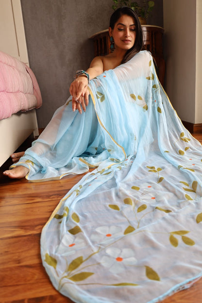 Hand Brush 🖌️ Painted Pure Chiffon Zari Border Saree (5.5 Mtr) With Unstitched Blouse Piece (80Cm)