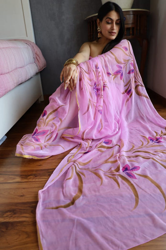 Hand Brush 🖌️ Painted Pure Chiffon Zari Border Saree (5.5 Mtr) With Unstitched Blouse Piece (80Cm)