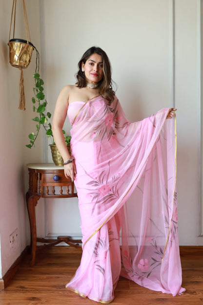 Hand Brush 🖌️ Painted Pure Chiffon Zari Border Saree (5.5 Mtr) With Unstitched Blouse Piece (80Cm)