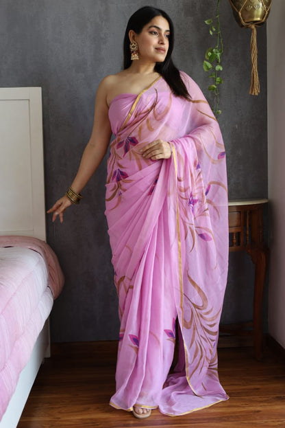 Hand Brush 🖌️ Painted Pure Chiffon Zari Border Saree (5.5 Mtr) With Unstitched Blouse Piece (80Cm)