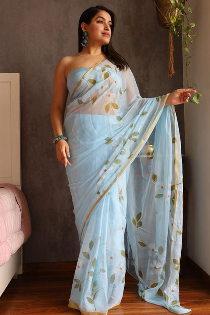 Hand Brush 🖌️ Painted Pure Chiffon Zari Border Saree (5.5 Mtr) With Unstitched Blouse Piece (80Cm)