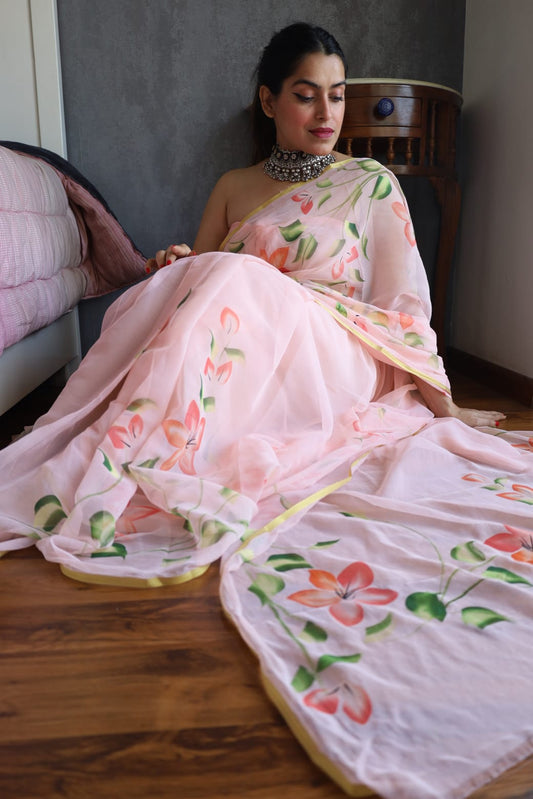 Hand Brush 🖌️ Painted Pure Chiffon Zari Border Saree (5.5 Mtr) With Unstitched Blouse Piece (80Cm)