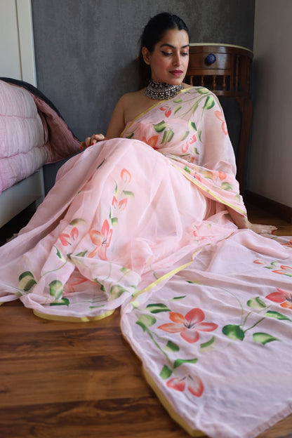 Hand Brush 🖌️ Painted Pure Chiffon Zari Border Saree (5.5 Mtr) With Unstitched Blouse Piece (80Cm)