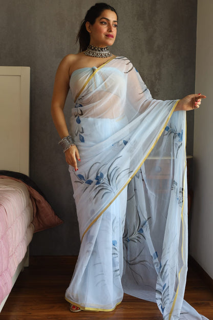 Hand Brush 🖌️ Painted Pure Chiffon Zari Border Saree (5.5 Mtr) With Unstitched Blouse Piece (80Cm)