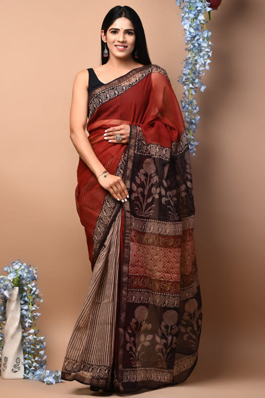 Pure Kota Doria Saree (5.5 Mtr) With Unstiched Blouse Piece (80 CM)