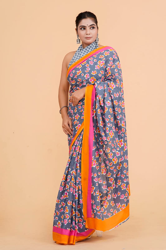 HAND PRINTED MULMUL COTTON SAREE (5.5 Mtr) WITH UNSTICHED BLOUSE PIECE (90Cm)