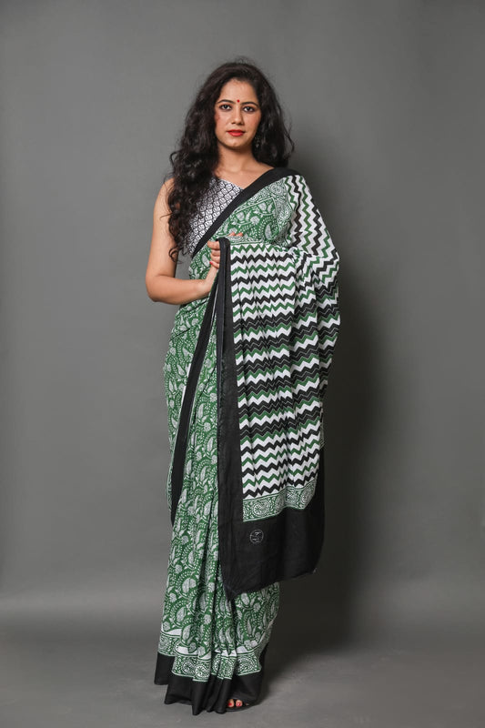 HAND PRINTED MULMUL COTTON SAREE (5.5 Mtr) WITH UNSTICHED BLOUSE PIECE (90Cm)