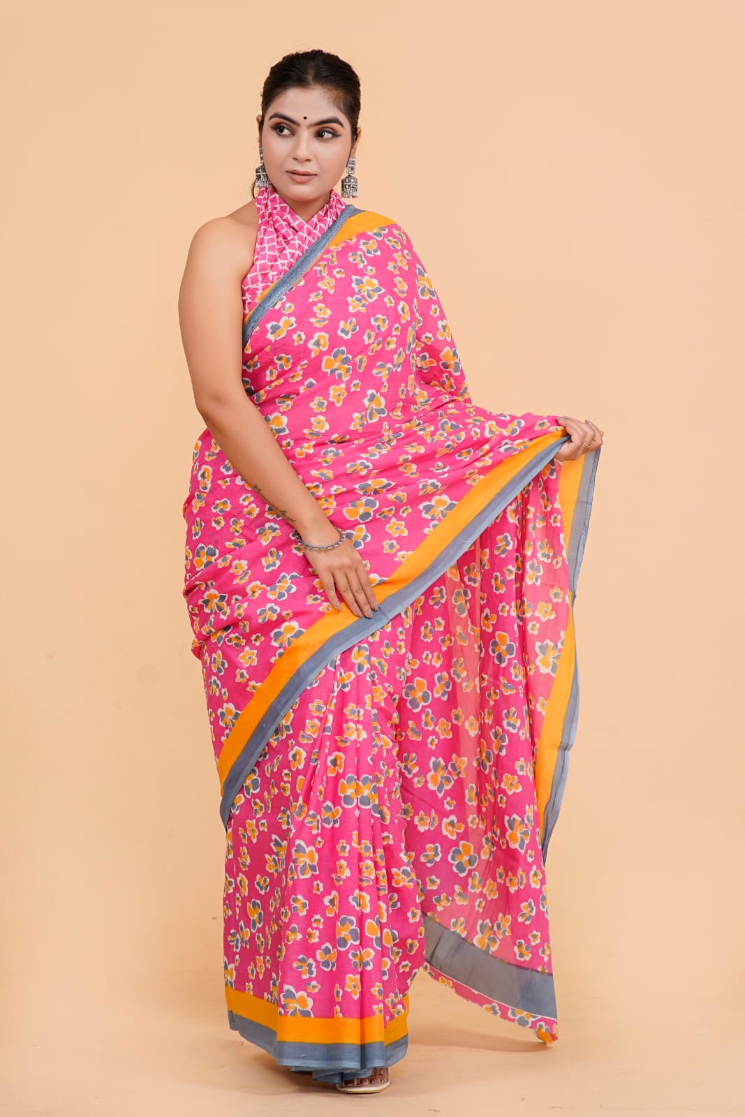 HAND PRINTED MULMUL COTTON SAREE (5.5 Mtr) WITH UNSTICHED BLOUSE PIECE (90Cm)