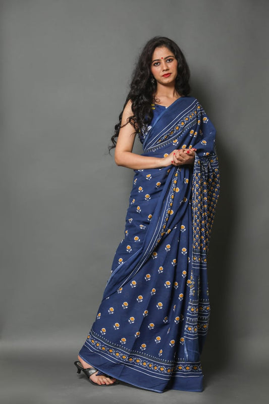 HAND PRINTED MULMUL COTTON SAREE (5.5 Mtr) WITH UNSTICHED BLOUSE PIECE (90Cm)