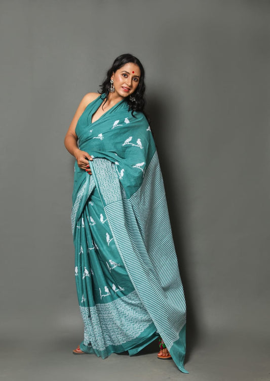HAND PRINTED MULMUL COTTON SAREE (5.5 Mtr) WITH UNSTICHED BLOUSE PIECE (90Cm)