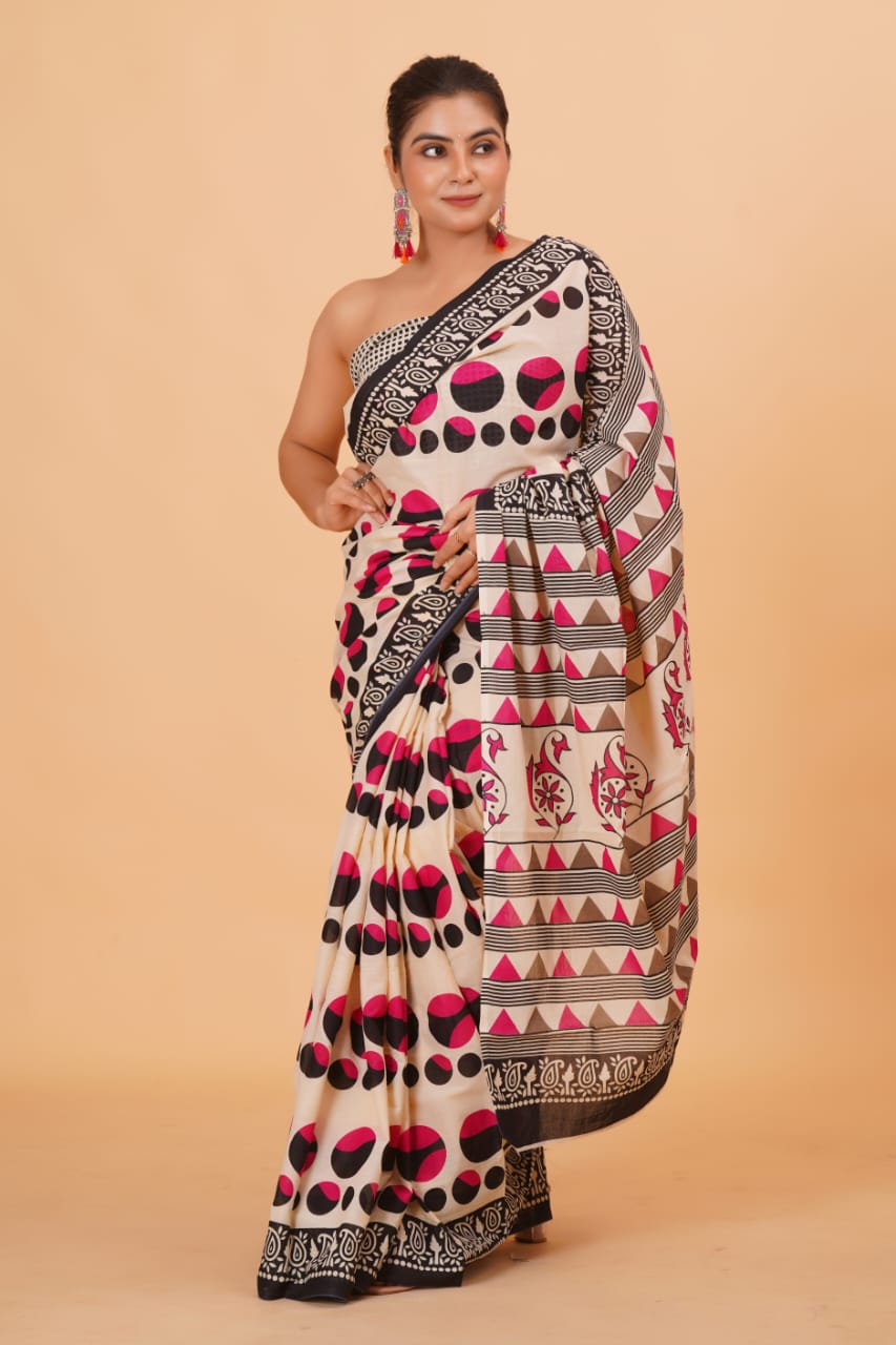 HAND PRINTED MULMUL COTTON SAREE (5.5 Mtr) WITH UNSTICHED BLOUSE PIECE (90Cm)