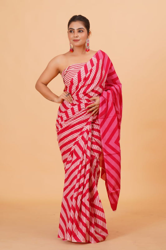 HAND PRINTED MULMUL COTTON SAREE (5.5 Mtr) WITH UNSTICHED BLOUSE PIECE (90Cm)