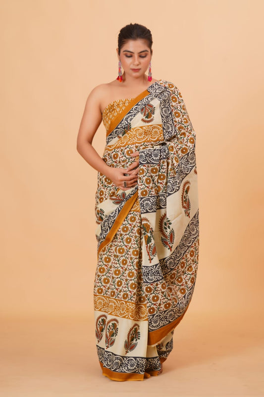 HAND PRINTED MULMUL COTTON SAREE (5.5 Mtr) WITH UNSTICHED BLOUSE PIECE (90Cm)