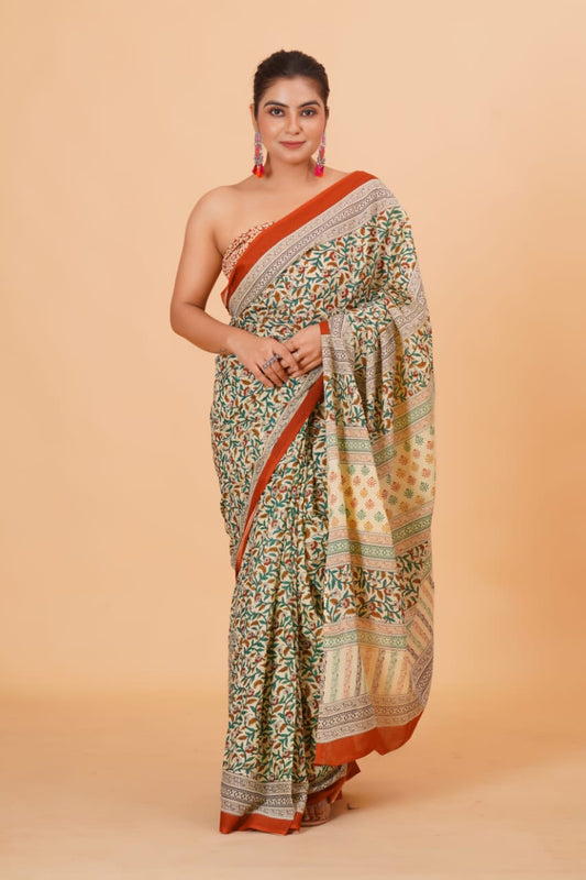 HAND PRINTED MULMUL COTTON SAREE (5.5 Mtr) WITH UNSTICHED BLOUSE PIECE (90Cm)