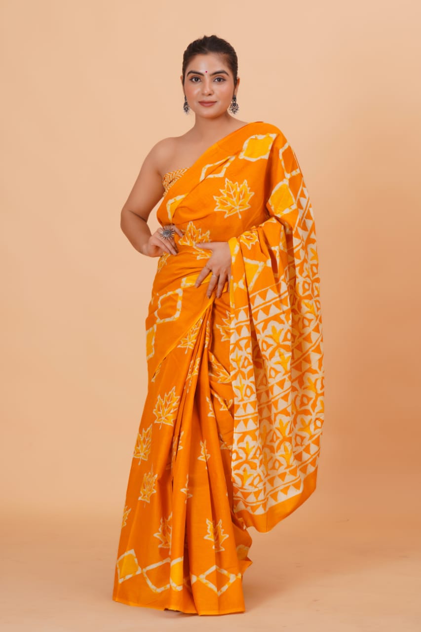 HAND PRINTED MULMUL COTTON SAREE (5.5 Mtr) WITH UNSTICHED BLOUSE PIECE (90Cm)