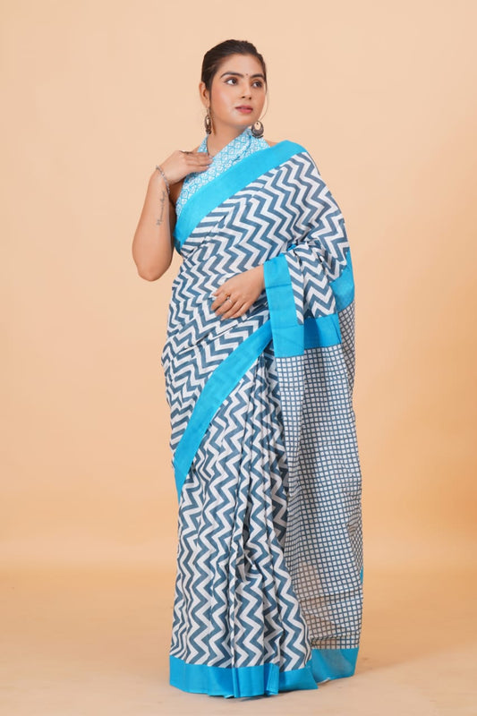 HAND PRINTED MULMUL COTTON SAREE (5.5 Mtr) WITH UNSTICHED BLOUSE PIECE (90Cm)