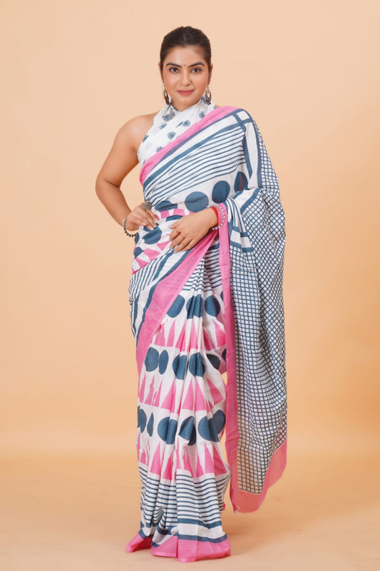 HAND PRINTED MULMUL COTTON SAREE (5.5 Mtr) WITH UNSTICHED BLOUSE PIECE (90Cm)