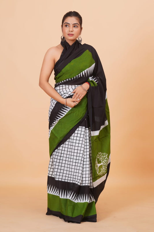 HAND PRINTED MULMUL COTTON SAREE (5.5 Mtr) WITH UNSTICHED BLOUSE PIECE (90Cm)
