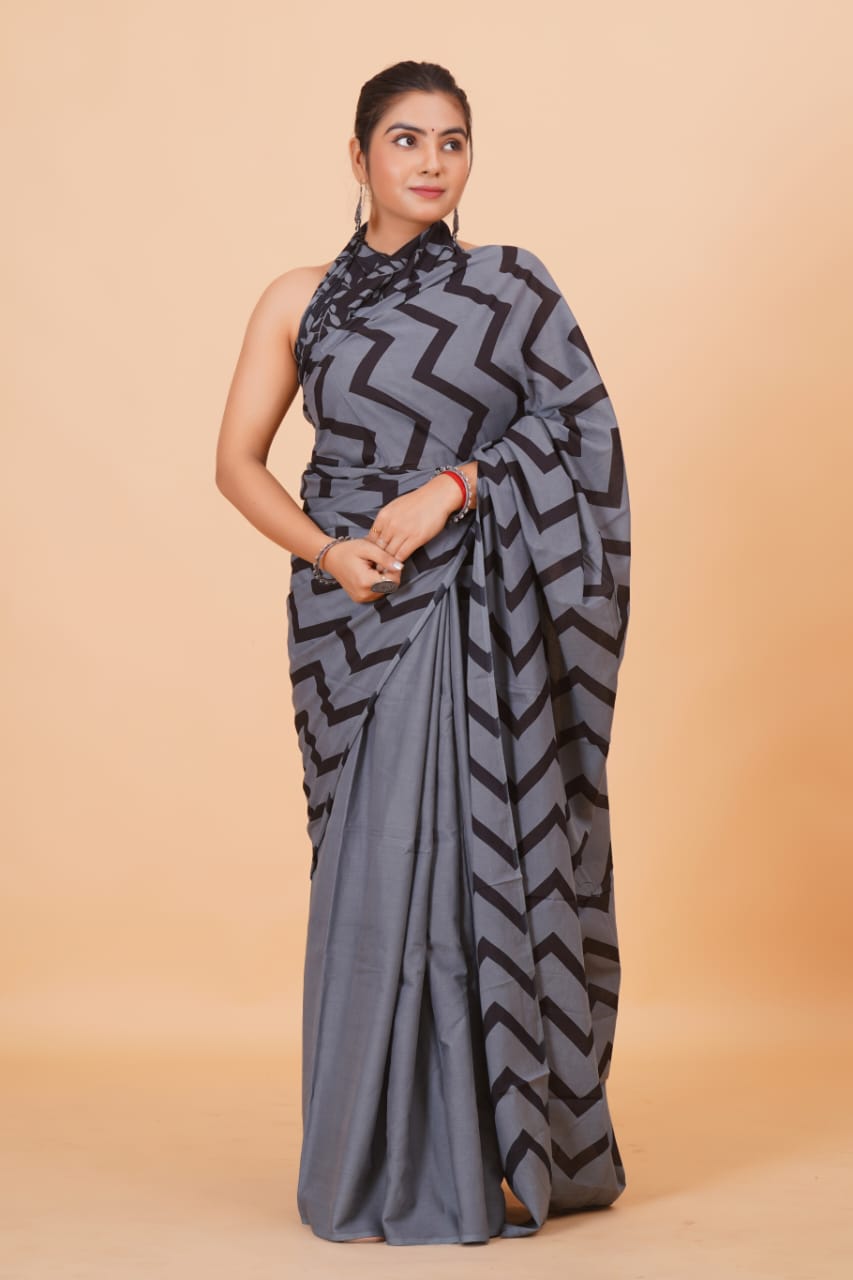 HAND PRINTED MULMUL COTTON SAREE (5.5 Mtr) WITH UNSTICHED BLOUSE PIECE (90Cm)