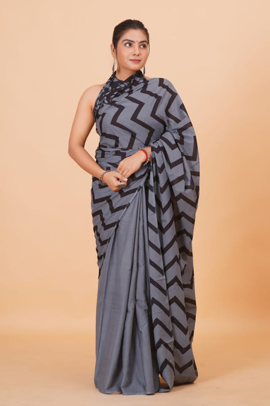 HAND PRINTED MULMUL COTTON SAREE (5.5 Mtr) WITH UNSTICHED BLOUSE PIECE (90Cm)