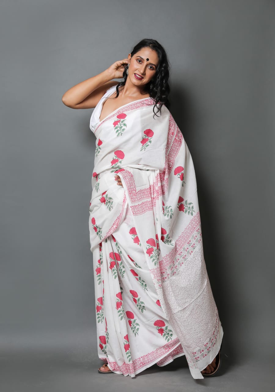 HAND PRINTED MULMUL COTTON SAREE (5.5 Mtr) WITH UNSTICHED BLOUSE PIECE (90Cm)