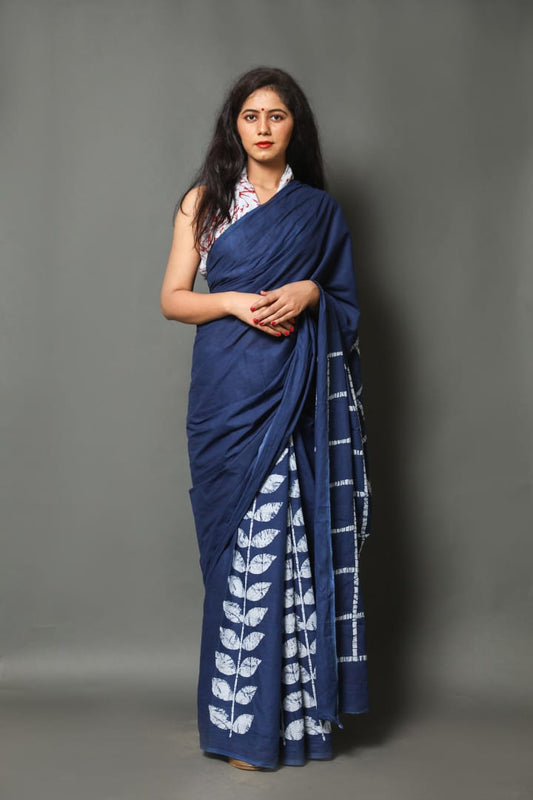 HAND PRINTED MULMUL COTTON SAREE (5.5 Mtr) WITH UNSTICHED BLOUSE PIECE (90Cm)