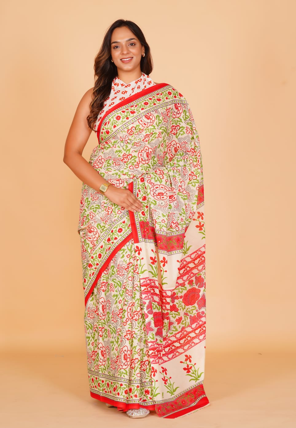 HAND PRINTED MULMUL COTTON SAREE (5.5 Mtr) WITH UNSTICHED BLOUSE PIECE (90Cm)