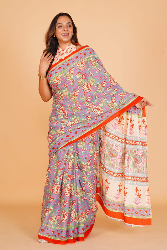 HAND PRINTED MULMUL COTTON SAREE (5.5 Mtr) WITH UNSTICHED BLOUSE PIECE (90Cm)