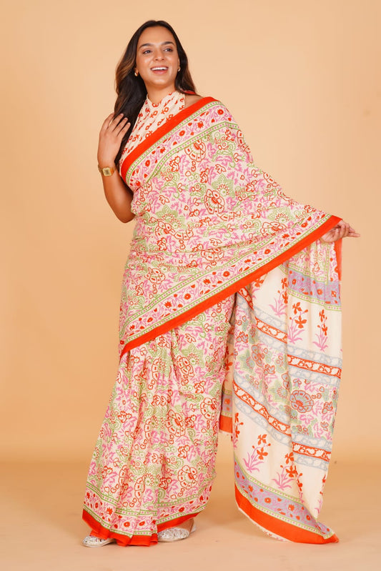 HAND PRINTED MULMUL COTTON SAREE (5.5 Mtr) WITH UNSTICHED BLOUSE PIECE (90Cm)