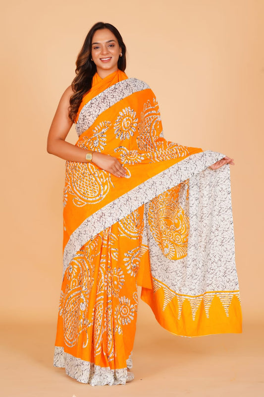 HAND PRINTED MULMUL COTTON SAREE (5.5 Mtr) WITH UNSTICHED BLOUSE PIECE (90Cm)