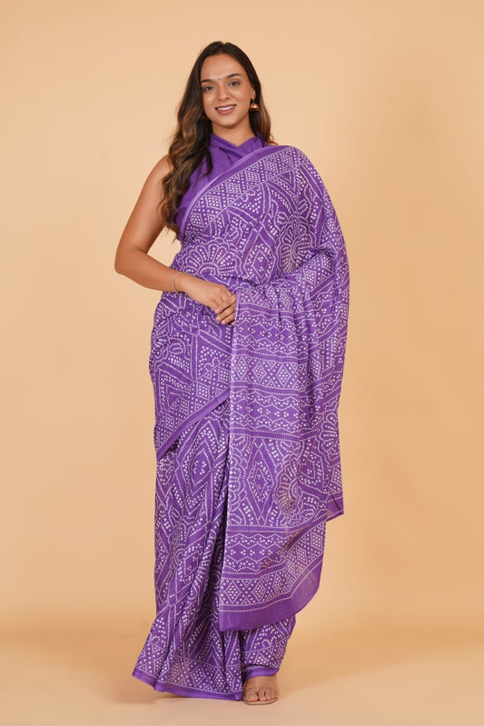 HAND PRINTED MULMUL COTTON SAREE (5.5 Mtr) WITH UNSTICHED BLOUSE PIECE (90Cm)