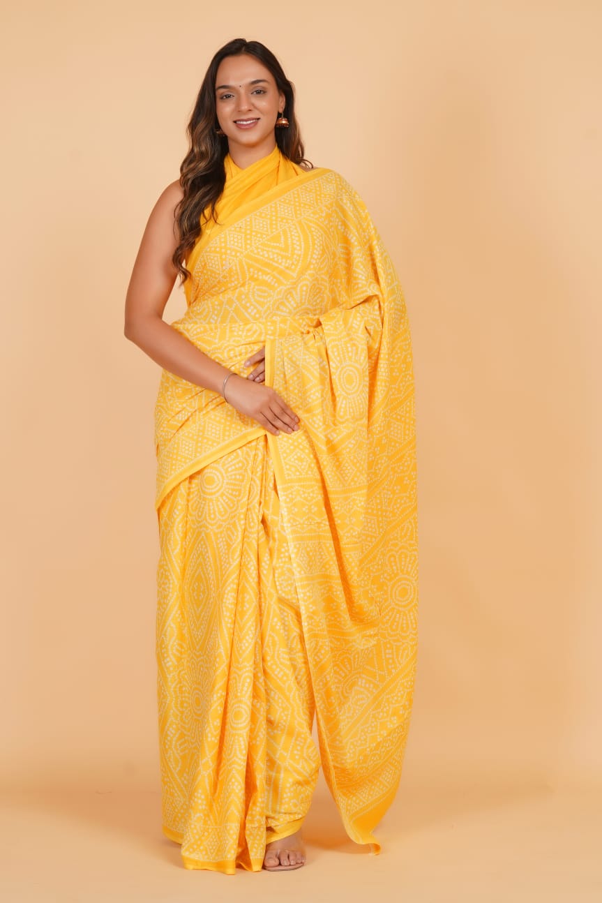 HAND PRINTED MULMUL COTTON SAREE (5.5 Mtr) WITH UNSTICHED BLOUSE PIECE (90 Cm)