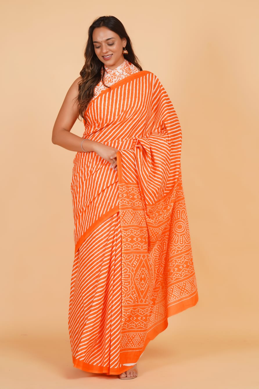 HAND PRINTED MULMUL COTTON SAREE (5.5 Mtr) WITH UNSTICHED BLOUSE PIECE (90 Cm)