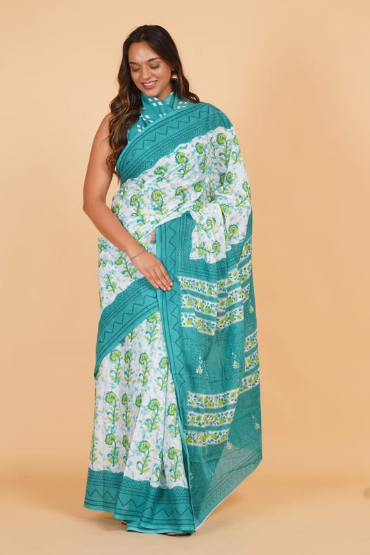 HAND PRINTED MULMUL COTTON SAREE (5.5 Mtr) WITH UNSTICHED BLOUSE PIECE (90 Cm)