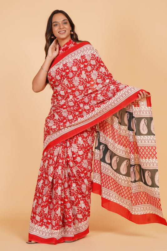 HAND PRINTED MULMUL COTTON SAREE (5.5 Mtr) WITH UNSTICHED BLOUSE PIECE (90 Cm)