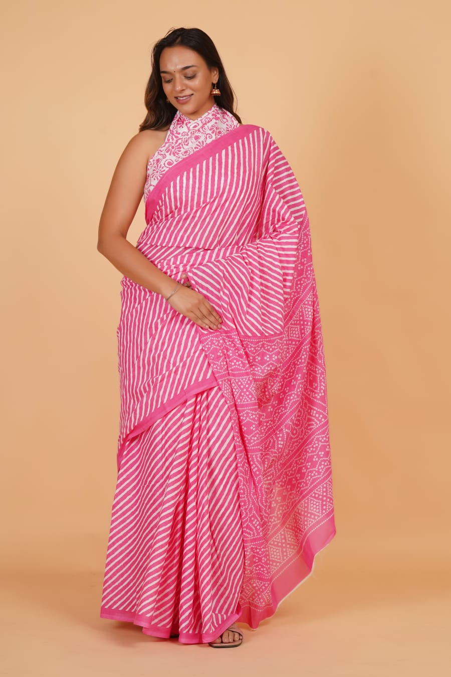 HAND PRINTED MULMUL COTTON SAREE (5.5 Mtr) WITH UNSTICHED BLOUSE PIECE (90 Cm)