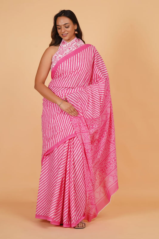 HAND PRINTED MULMUL COTTON SAREE (5.5 Mtr) WITH UNSTICHED BLOUSE PIECE (90 Cm)