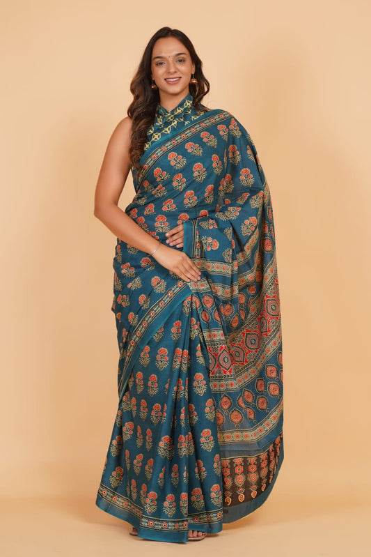 HAND PRINTED MULMUL COTTON SAREE (5.5 Mtr) WITH UNSTICHED BLOUSE PIECE (90 Cm)