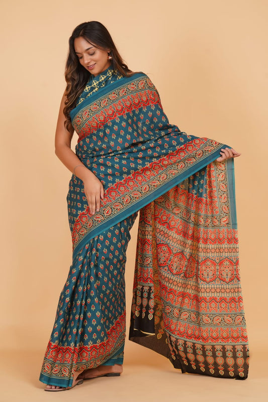 HAND PRINTED MULMUL COTTON SAREE (5.5 Mtr) WITH UNSTICHED BLOUSE PIECE (90 Cm)