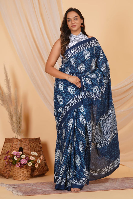 HAND PRINTED MULMUL COTTON SAREE (5.5 Mtr) WITH UNSTICHED BLOUSE PIECE (90 Cm)