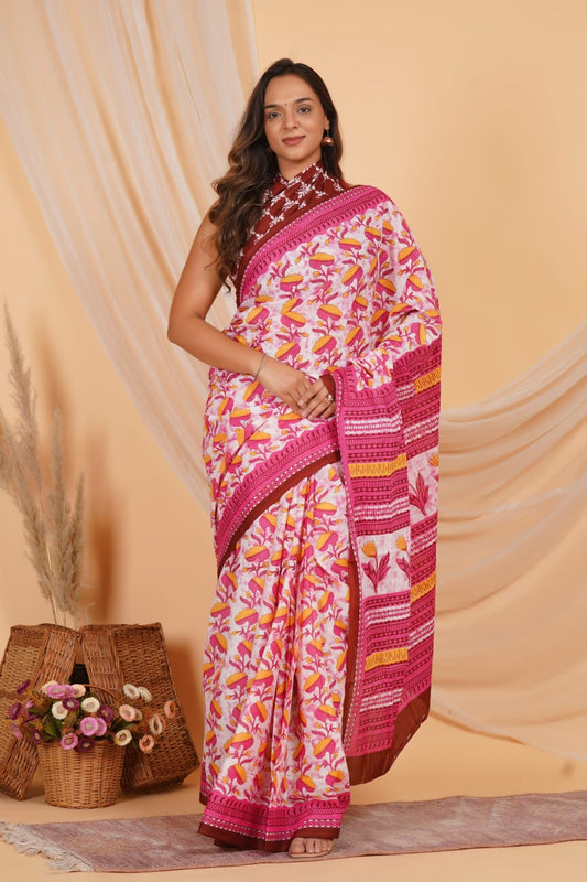 HAND PRINTED MULMUL COTTON SAREE (5.5 Mtr) WITH UNSTICHED BLOUSE PIECE (90 Cm)