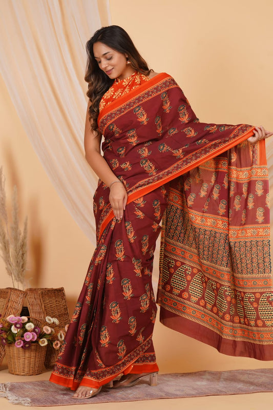 HAND PRINTED MULMUL COTTON SAREE (5.5 Mtr) WITH UNSTICHED BLOUSE PIECE (90 Cm)