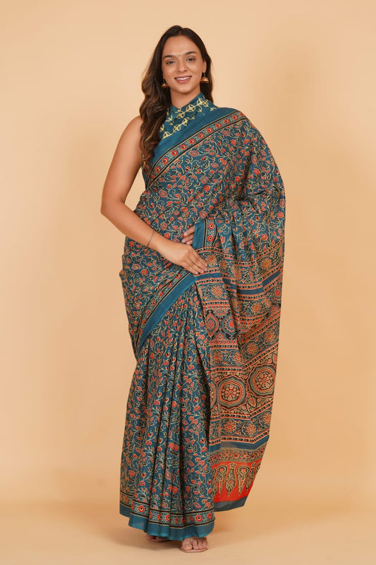 HAND PRINTED MULMUL COTTON SAREE (5.5 Mtr) WITH UNSTICHED BLOUSE PIECE (90 Cm)