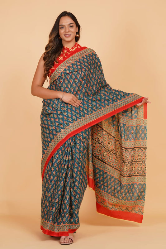 HAND PRINTED MULMUL COTTON SAREE (5.5 Mtr) WITH UNSTICHED BLOUSE PIECE (90 Cm)