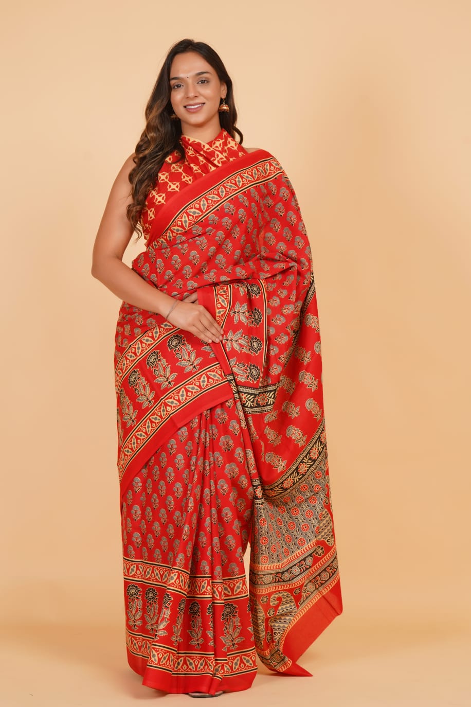 HAND PRINTED MULMUL COTTON SAREE (5.5 Mtr) WITH UNSTICHED BLOUSE PIECE (90 Cm)