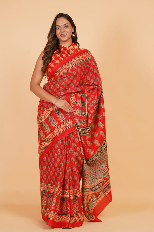 HAND PRINTED MULMUL COTTON SAREE (5.5 Mtr) WITH UNSTICHED BLOUSE PIECE (90 Cm)
