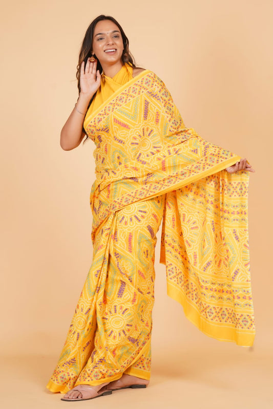 HAND PRINTED MULMUL COTTON SAREE (5.5 Mtr) WITH UNSTICHED BLOUSE PIECE (90 Cm)
