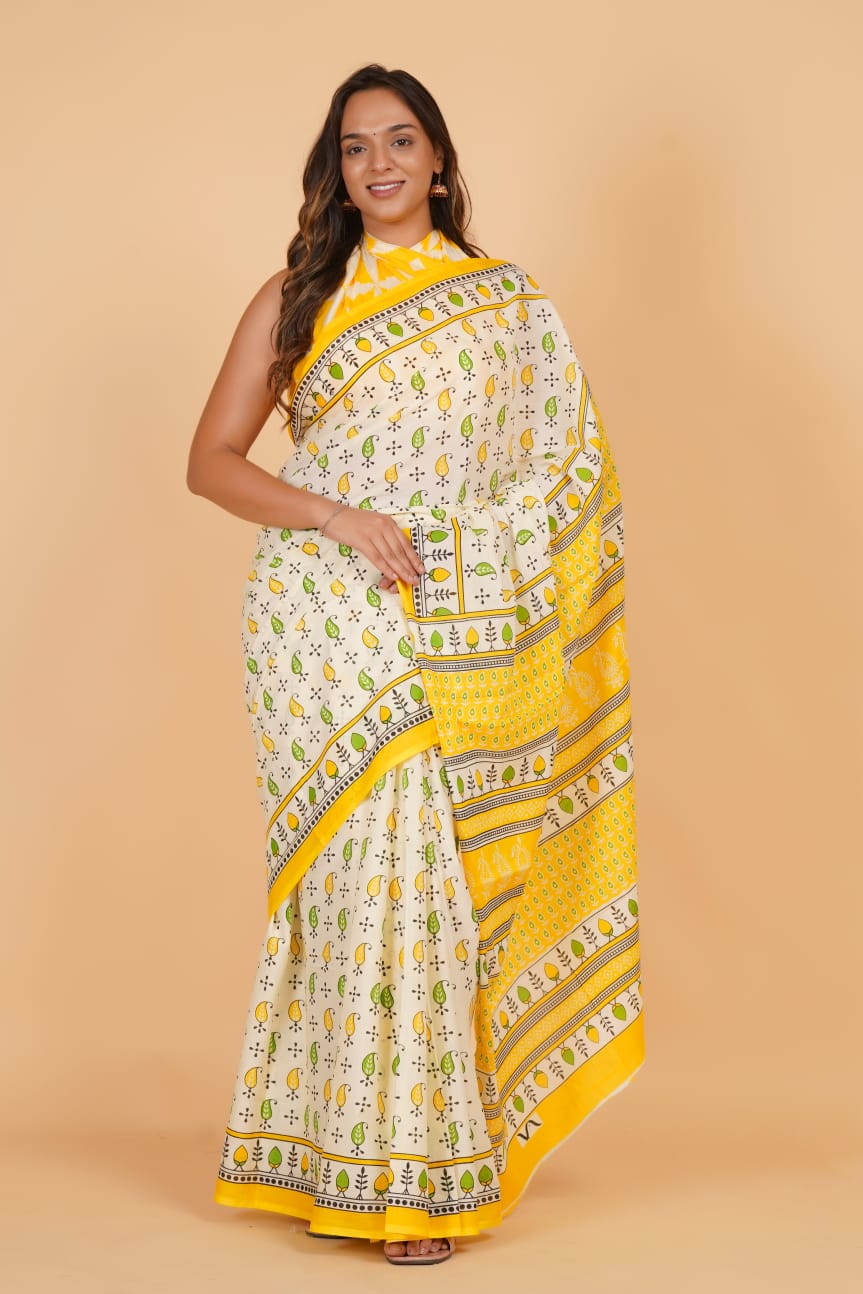 HAND PRINTED MULMUL COTTON SAREE (5.5 Mtr) WITH UNSTICHED BLOUSE PIECE (90 Cm)
